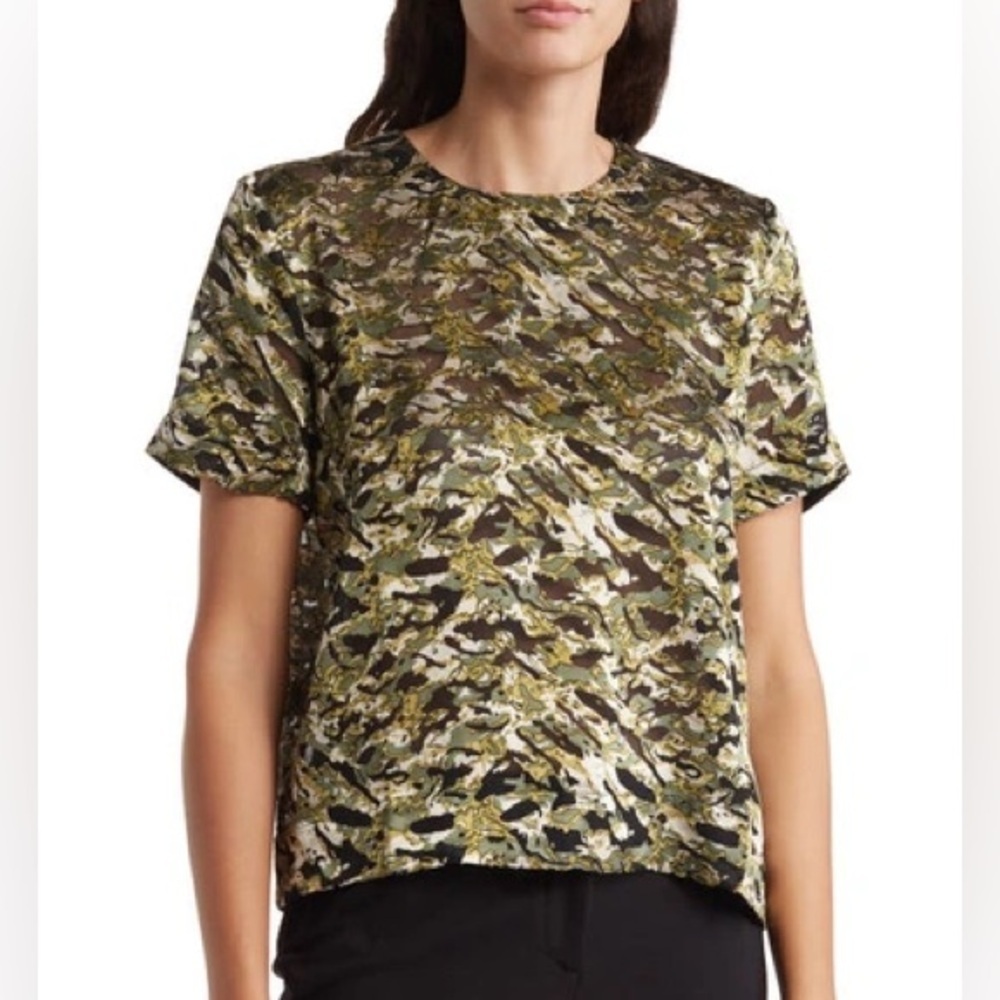 Tahari Burnout Boxy Top, Olive Abstract, NWOT, Size 1X